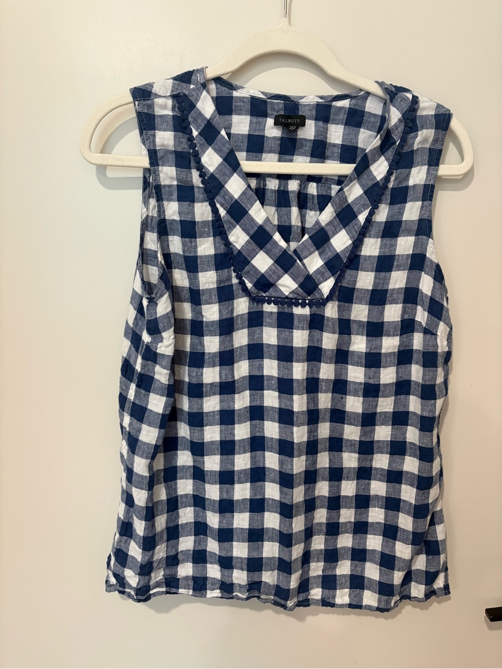 Talbots Blue Gingham Linen V-Neck Tank Blouse Top Summer M